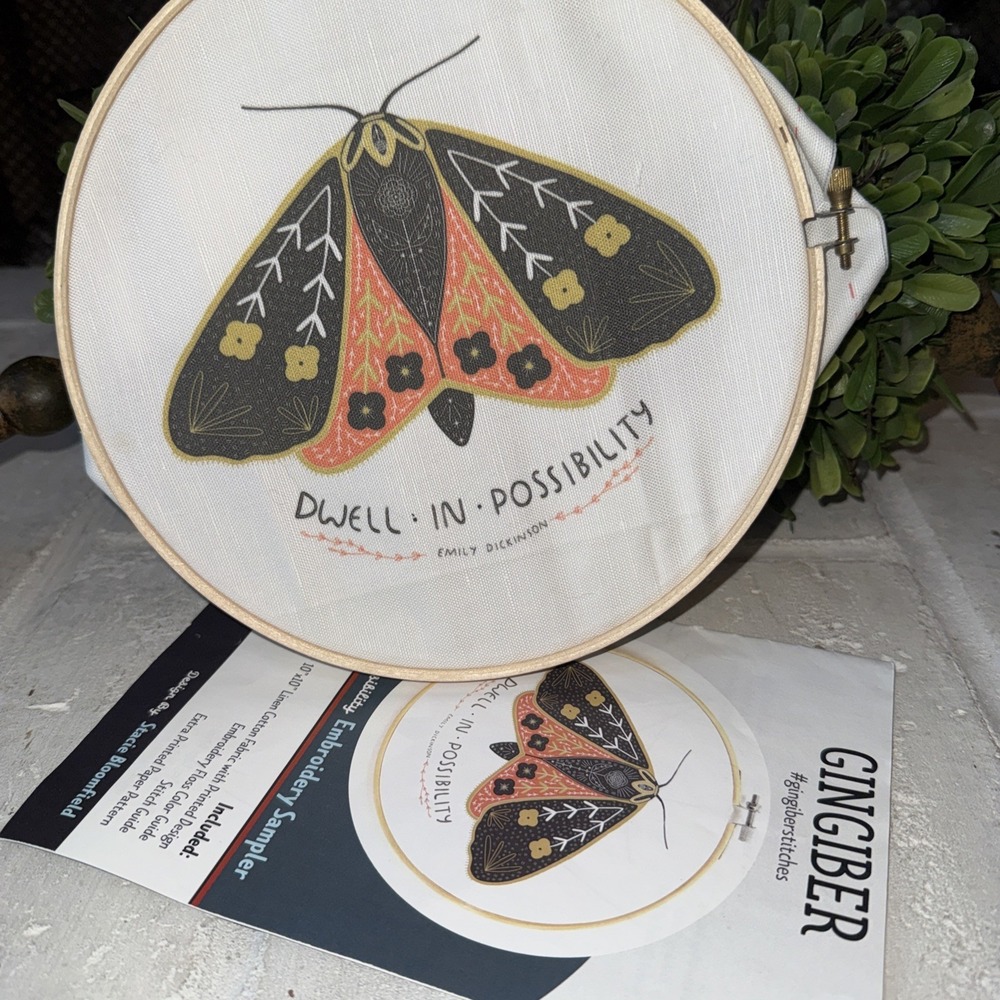 Gingiber Stitches Embroidery Sampler Moth "Dwell In Possibility" 10"x10".